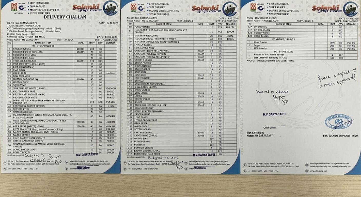 FUELING THE VOYAGE: SEAMLESS PROVISION SUPPLY DELIVERED TO MV DARYA TAPTI AT KANDLA PORT BY SOLANKI SHIP CARE