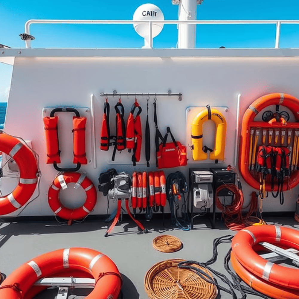 Life-saving appliances and safety equipment arranged on a ship deck